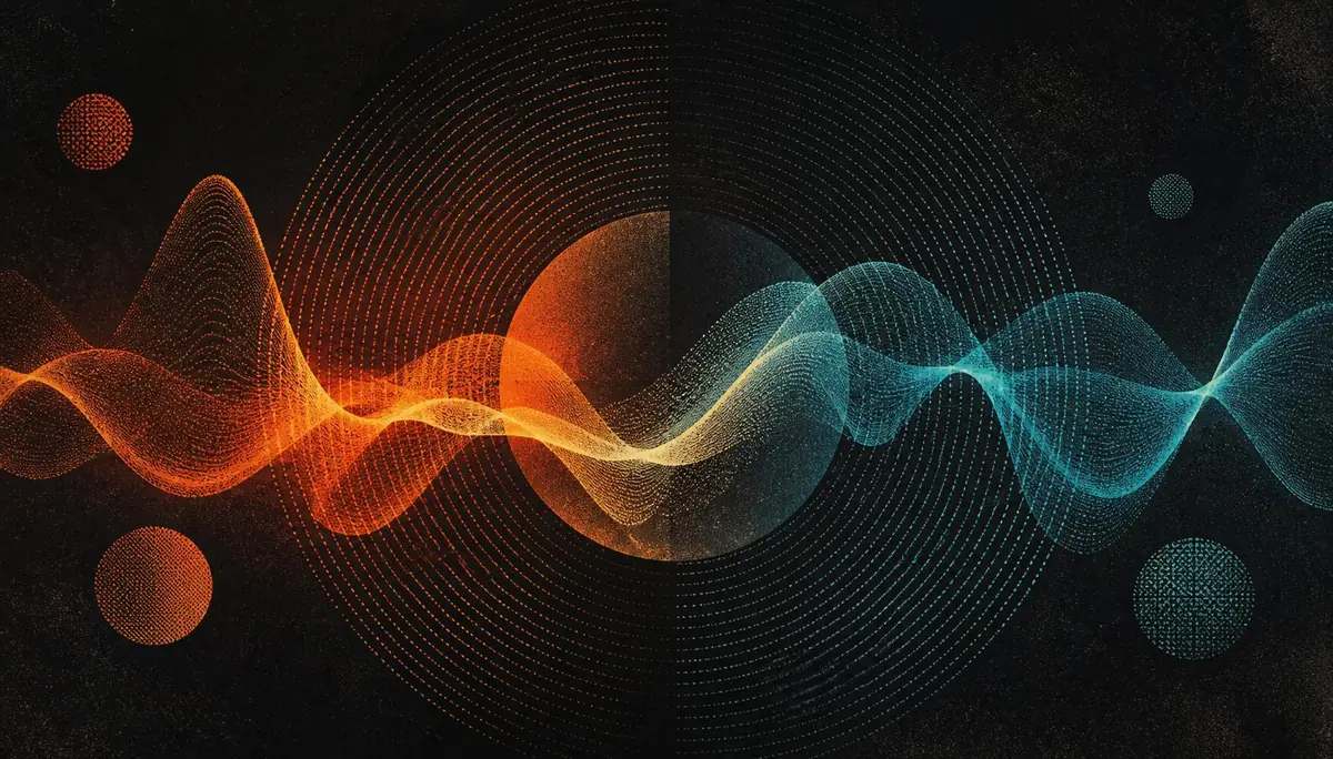 Abstract ember and cyan sound waves representing the AI Stage catalogue